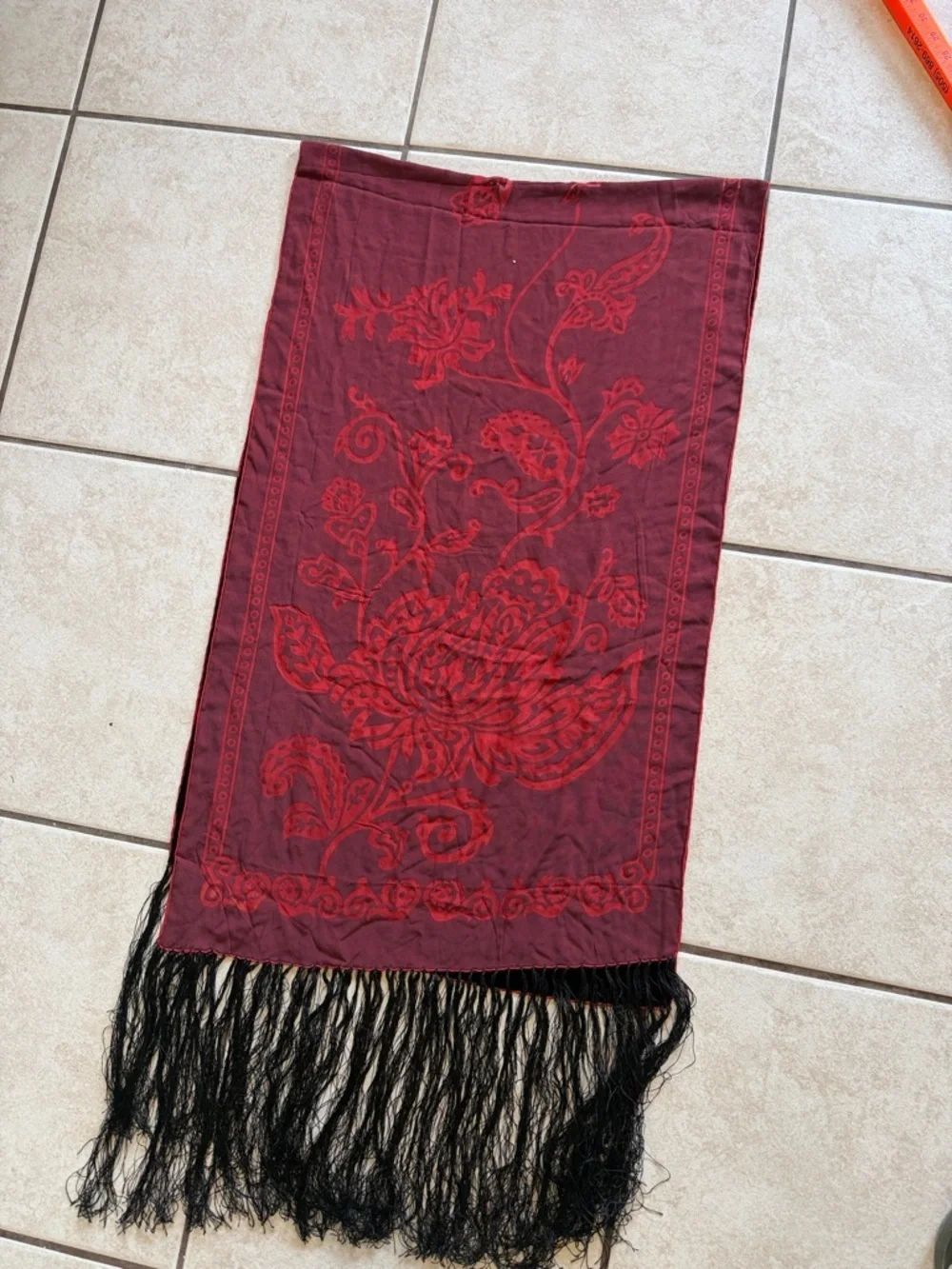 Black and Red Floral Velvet Fringe Scarf - Women Accessories